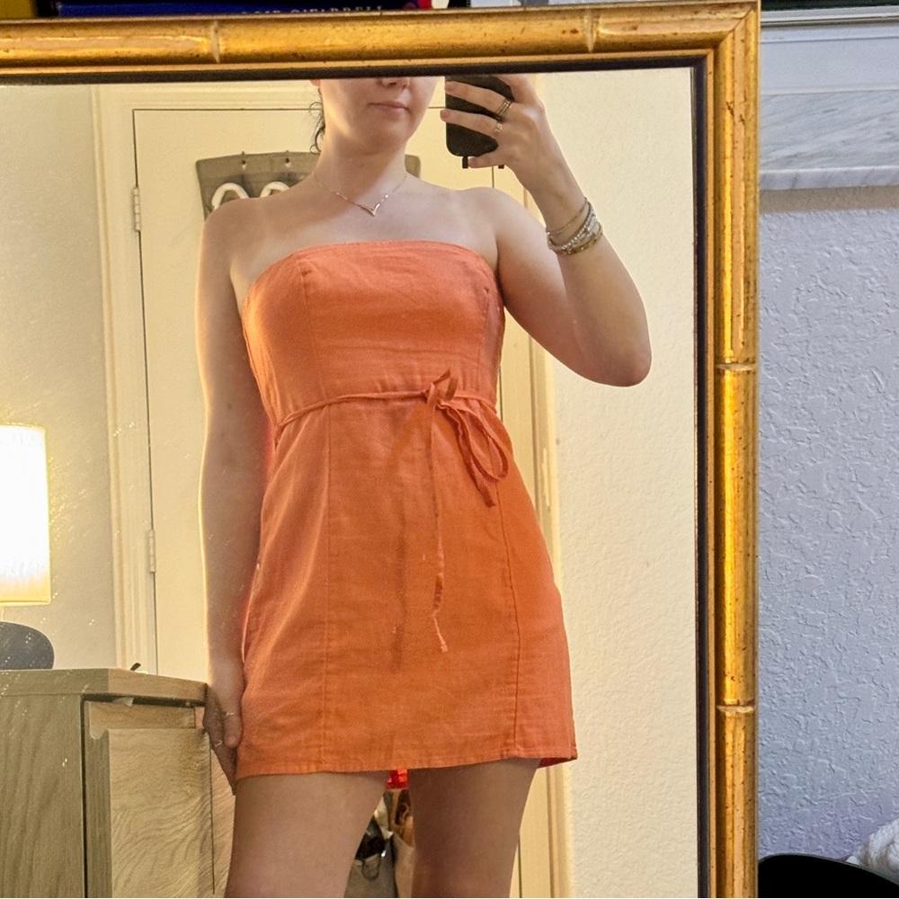 Abercrombie Strapless Orange Linen-Blend Mini Romper- Size Small